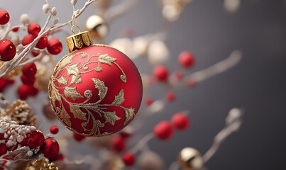 Fototapeta premium Christmas and New Year designs with festive ornaments, golden snowflakes, cozy wreaths, and sparkling holiday accents for wallpaper and greeting cards