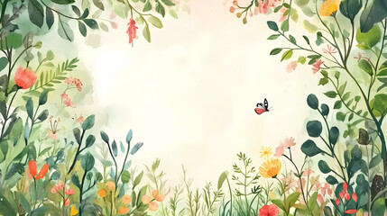 Wedding card with a whimsical garden theme an open area for text at the top. Whimsical. Illustration