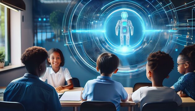 Students studying with an AI-powered holographic teacher