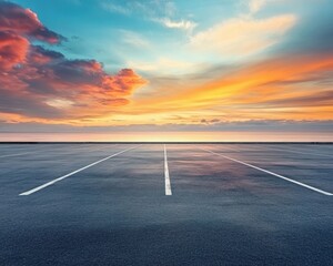Vibrant sunset over empty parking lot scene.