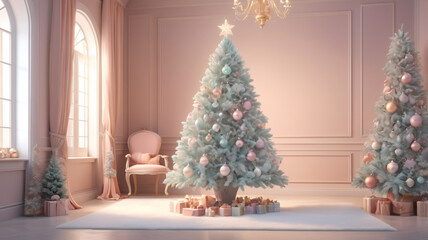 A sparkling, silver-and-white tree with crystal ornaments, lit by elegant chandeliers in a modern living room.