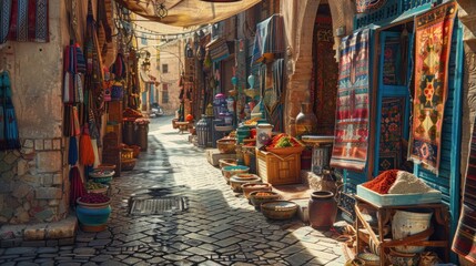 Old narrow streets in the Market with small shops selling ceramics, carpets, spices, fruits and souvenirs