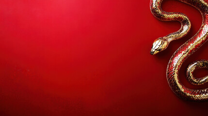 Obraz premium golden snake on vibrant red background, symbolizing elegance and mystery. intricate scales reflect light beautifully, creating striking visual