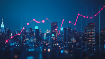 Smart digital Innovation Business skyscrapers in the Financial District with connection network reciprocity over the cityscape. of future smart wireless digital city and social media networking