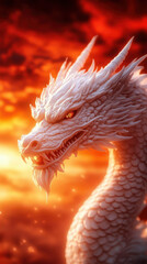 majestic white dragon with intricate scales and fierce eyes, set against fiery orange background, evokes sense of power and mystique