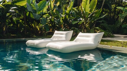 Against the backdrop of a lush green garden two inflatable lounge chairs provide a tranquil floating oasis in the pool.