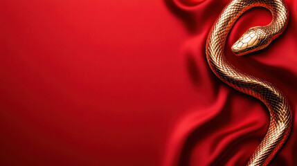 Obraz premium golden snake on red silk background, symbolizing elegance and mystery. smooth texture of fabric enhances luxurious feel of image