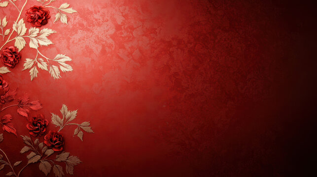 Elegant red background with golden floral design and roses