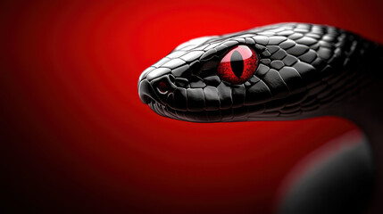 Fototapeta premium close up of black snake with striking red eyes against red background, showcasing its textured scales and fierce expression