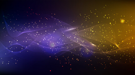 Wavy line abstract background. Purple pattern of speed tech landscape waves and magic golden star dust. Ai blue neon flare shimmer lights and connect data mesh. Particle flow digital futuristic effect