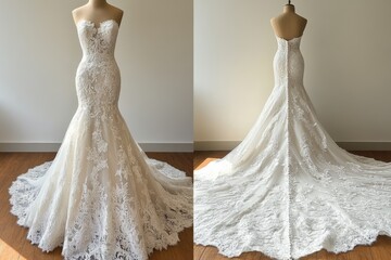 Elegant strapless wedding dress with intricate lace details displayed in a bridal boutique