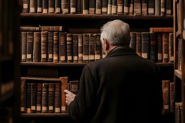 An elderly person examines books in a library, evoking a sense of knowledge and reflection.