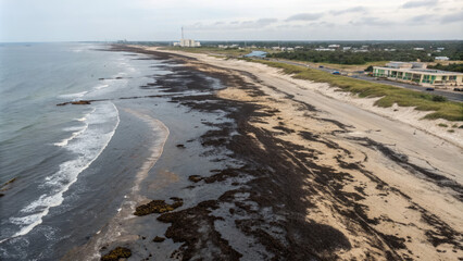 Aerial view of coastal area with dark, sticky tar covering beach and seawater, highlighting environmental pollution and providing copy space for text or design.