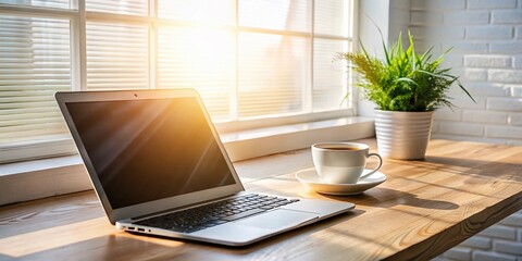 Fototapeta premium Modern Laptop on a White Wooden Desk with Coffee and Plant, Illuminated by Sunlight Through a Window for Web Design Mockup and Promotion