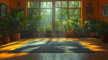 A yoga mat is placed on the wooden floor of an elegant room with large windows, surrounded by lush green plants and bathed in warm sunlight