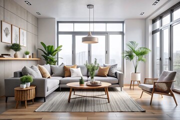 Modern Living Room Design with Cozy Seating, Large Windows, and Minimalist Aesthetic for Bright and Airy Home Interiors