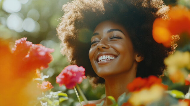 Smiling young African American woman in a floral garden