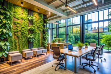 Fototapeta premium Modern Office Design with Living Green Wall and Ergonomic Furniture for Enhanced Health and Productivity in a Bright, Natural Light Environment