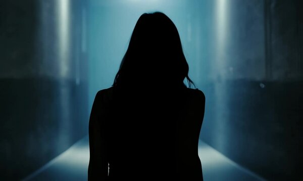 Dark exposure silhouette of a woman view from the back in defocus. A female figure is walking along a dark corridor, moving away from the camera