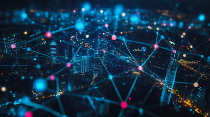 Fototapeta premium Smart digital Innovation Business skyscrapers in the Financial District with connection network reciprocity over the cityscape. of future smart wireless digital city and social media networking