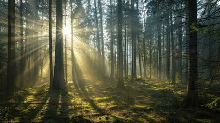 Obraz premium wood forest with sunlight shining through the trees.