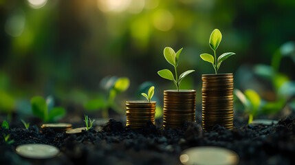 Stacks of gold coins with young green plants growing from them, symbolizing financial growth, investment, and sustainability in a natural outdoor setting.