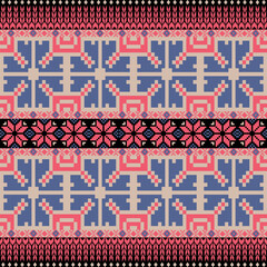Art Abstract with Floral Pixel Designs. Traditional Cross Stitch needlework. Geometric Ethnic Pattern, Embroidery, Textile Ornamental, Fabric, Hand Stitch Pattern, Cultural Stitching Pixel Art