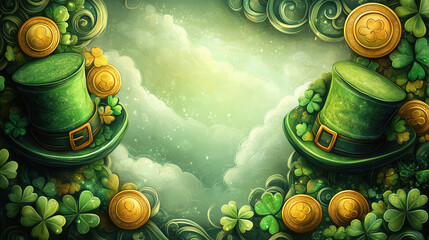 Festive St. Patrick's Day background with clovers, gold coins and leprechaun hats in green and yellow traditional shades for holiday cards, invitations and social media posts.