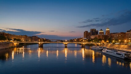 Obraz premium Twilight Over the River: Cityscape Reflection
