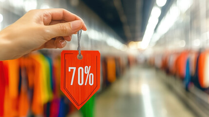 A hand holds a bright red tag displaying "70%" in a brightly colored retail environment, indicating a significant discount on products.