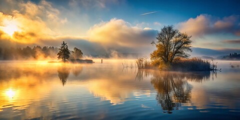 Obraz premium Mysterious Smoke Rising from Calm Water Creating an Enigmatic Atmosphere, Perfect for Evoking Intrigue and Serenity in Imagery