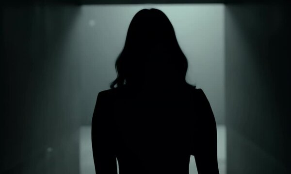 Dark exposure silhouette of a woman view from the back in defocus. A female figure is walking along a dark corridor, moving away from the camera