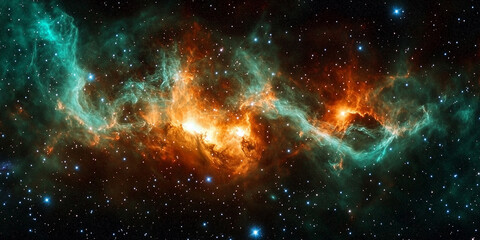 Obraz premium Colorful galaxy cloud nebula in deep space with vibrant cosmic hues, filled with bright stars and swirling patterns. Spectacular depiction of universe and astronomical phenomena,