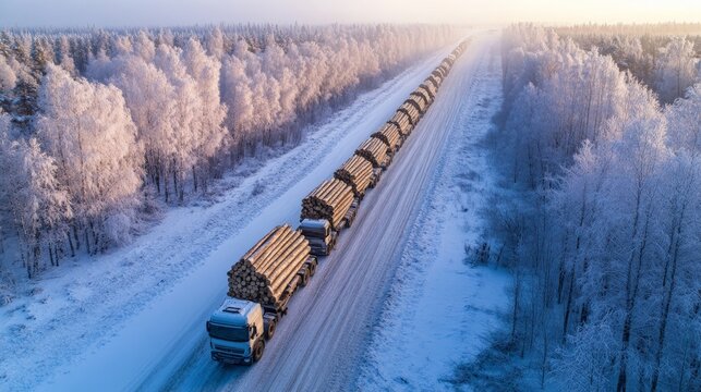 Long convoy of timber trucks on snowy winter road in scenic forest landscape