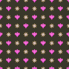 Geometric pattern featuring pink ornamental shapes and gold star motifs on a black background.