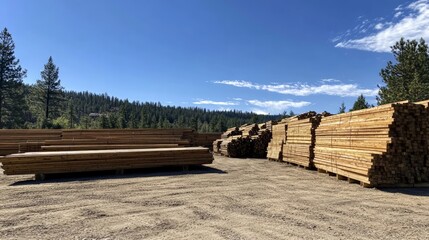 Lumber yard under blue sky with stacked timber and pine forest in the background