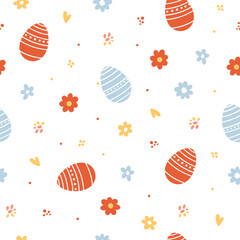 Seamless vector pattern for Easter. Seamless pattern of colorful silhouettes of rabbits, eggs and wild flowers.