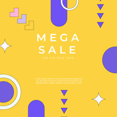 Vibrant Mega Sale Promotion With 30 Percent Discount. Perfect for advertising campaigns, online promotions, and attracting customers with its colorful geometric background.