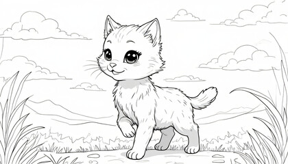 Fototapeta premium cute small kitten walking in the grass on the field