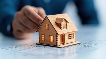 A hand placing a wooden house model on architectural blueprints.