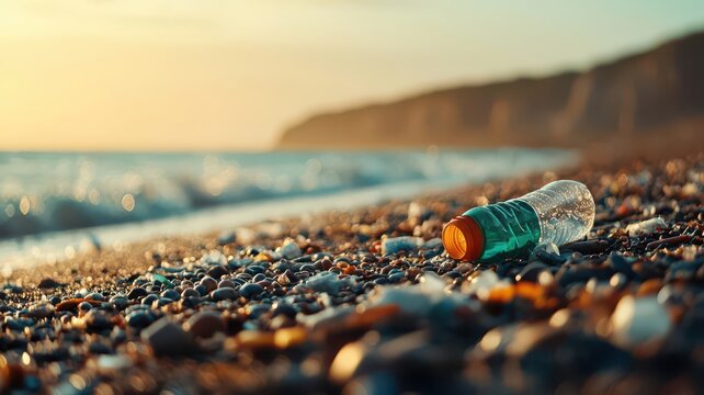 Macro of plastic waste on a beach, highlighting environmental impact and health risks of pollution, Plastic waste on beach close-up, Eco-conscious and impactful