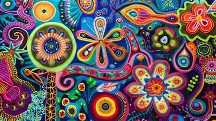 Colorful Huichol Yarn Art Inspired Painting