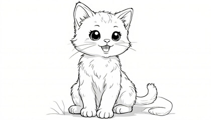 cute little kitten sitting and smiling, black and white sketch on a white background