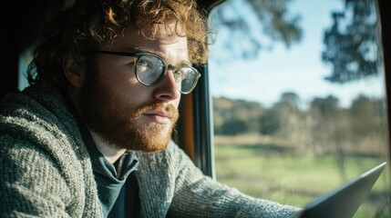 Digital workspace: remote work, focusing on a persona engaged with laptop, flexibility and adaptability of modern working environments in a digital era, emphasizing productivity and connectivity.