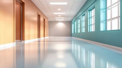 Fototapeta premium Modern hallway with clean lines, large windows, and polished floors, creating a spacious feel.