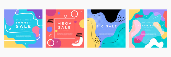 Colorful Abstract Sale Banners for Summer Mega Discounts. Bright and modern sale banners featuring colorful abstract designs. Ideal for summer, mega, big, and flash sales promotions