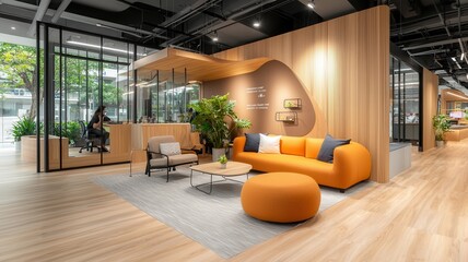 Modern office interior with stylish furniture and vibrant colors for a creative workspace.