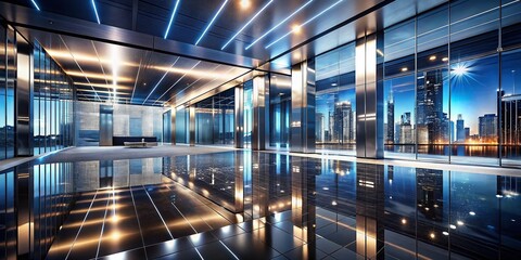 Fototapeta premium Night Photography of Smooth Shiny Metal Floors and Walls Reflecting Light in a 3D Rendered Space with Dynamic Lighting Effects and a Futuristic Atmosphere