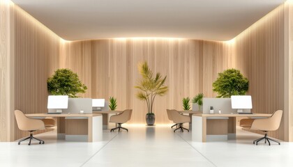 Stylish modern office interior with sleek desks and vibrant plants for a fresh workspace feel.
