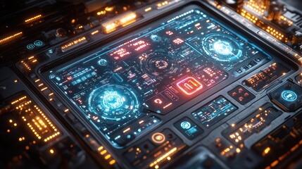Futuristic control panel with glowing interfaces and intricate details.